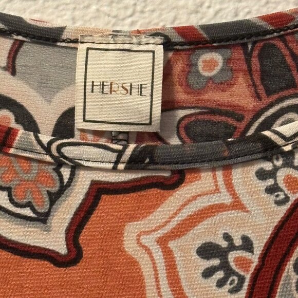 Boho-Chic 3/4 Sleeve Tunic Top By Hershe Sz L L Soft Mandala Print Orange & Gray - Picture 3 of 11